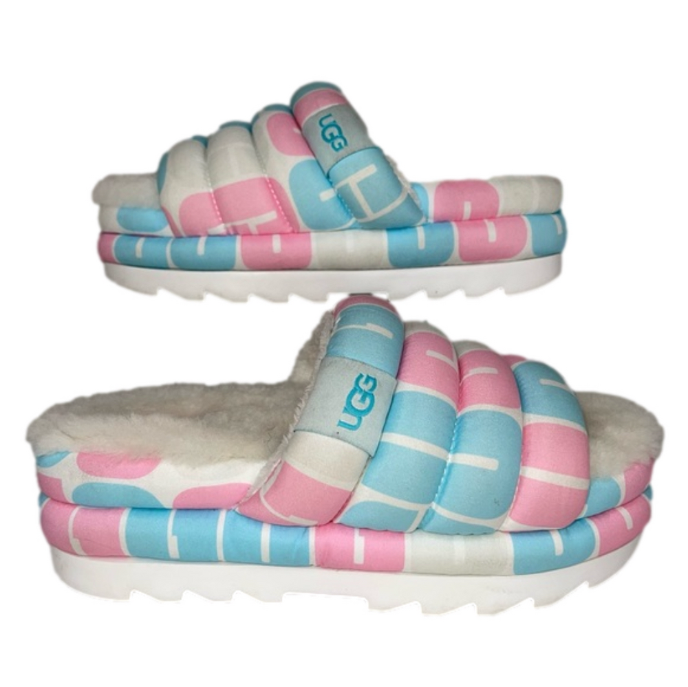 UGG Pride Slide Platform Fur Slippers Pink Blue White Womens Size 8 Lamb Fuzzy